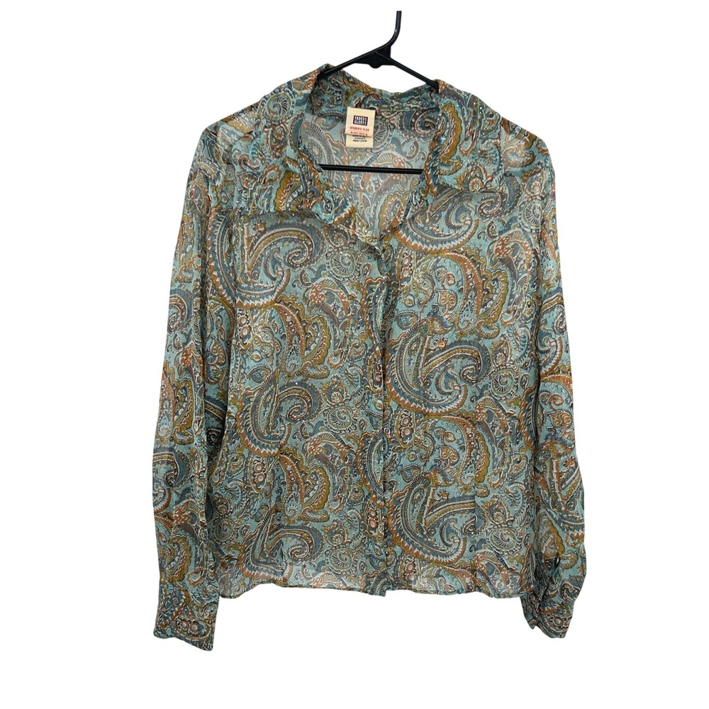 Boho Paisley Sheer Button Up‎ Blouse 2X Blue Orange Earthy Hippie Indie Retro
